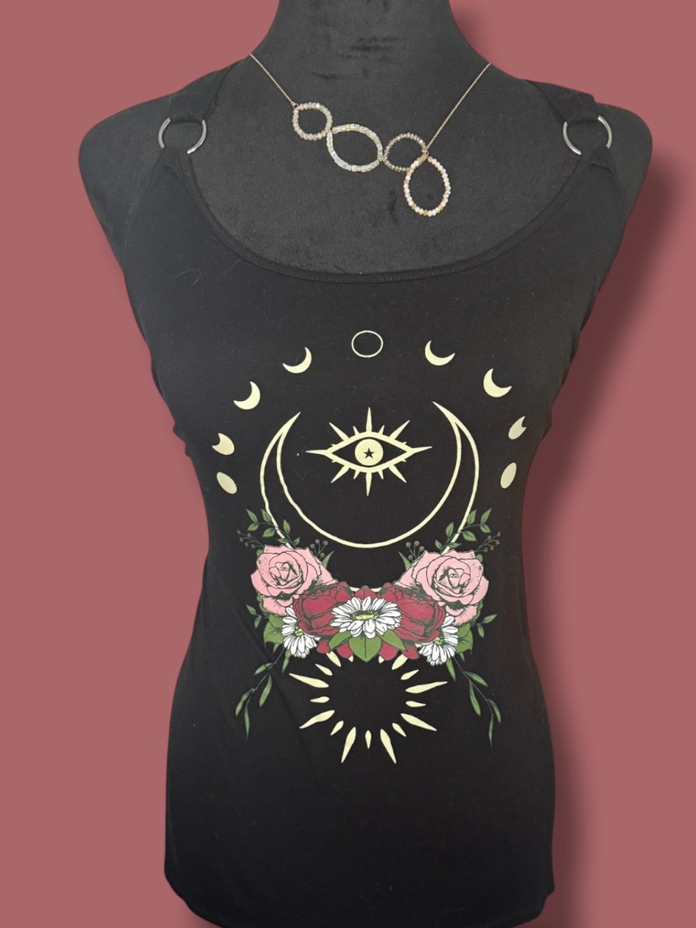 HOT TOPIC Black Graphic Crescent Moon & Floral Tank Top